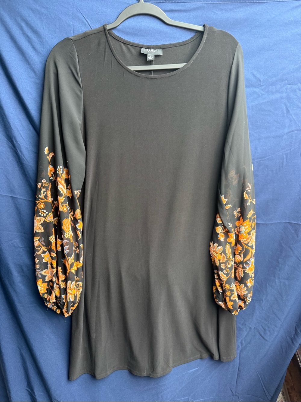MSK Black Dress with Orange Floral Embroidered Sleeves